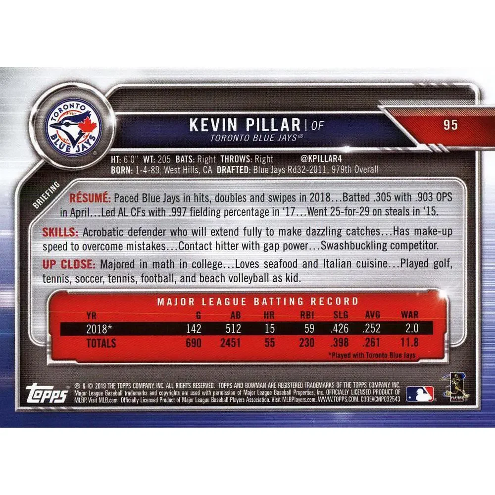 2019 Bowman Kevin Pillar #95 Toronto Blue Jays